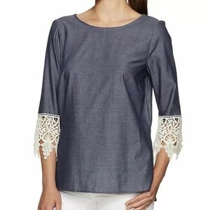 KENSIE Blue Cream Lace Bell Sleeve Cut Out Flowy Party Cocktail Top NWT Size XS